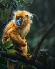 Obraz premium Golden snub-nosed monkey sitting on a tree branch in a dense forest