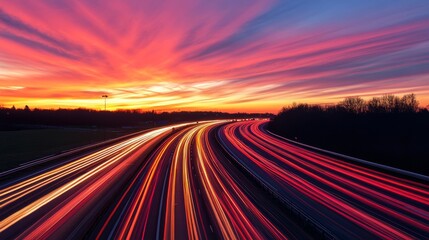 Long exposure of highway traffic at sunset with streaking lights