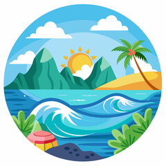 Obraz premium A Tropical Beach Scene with Mountains, Palm Tree, and Waves