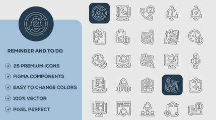 Reminder and to do Icons set. Vector illustration in modern thin line style of business related icons: teamwork, documents, devices, and more. Pictograms and infographics for mobile apps.