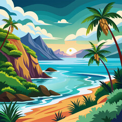 Fototapeta premium Idyllic Tropical Beach Scene with Palm Trees and Mountains