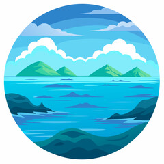 Obraz premium A Circular Illustration of a Seascape with Mountains and White Clouds