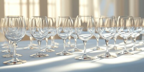 3D rendering of wine glasses arranged on a table with a white tablecloth set for a festive celebration