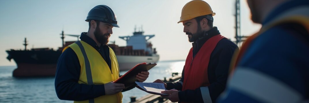 Maritime workers in safety clothing and hard hats discussing cargo operations next to docked ships at the port.