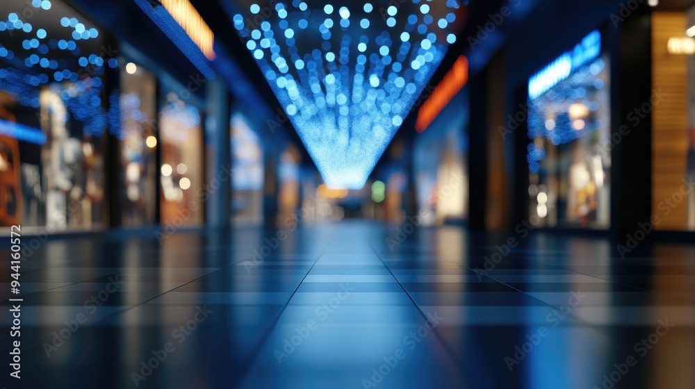 Poster 3d rendering of a dark blurred image showcasing a modern shopping mall corridor with a bokeh effect 