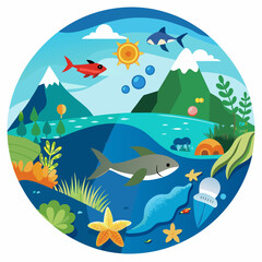 Naklejka premium Colorful Underwater and Above Water Scene with Fish, Mountains, and a Sun