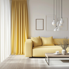 Light-Colored Living Room Featuring Bauhaus Style Elements and Yellow Accents in 3D Max Corona Render