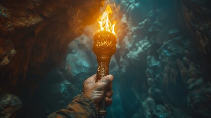 A hand emerges from the shadows with a brightly burning torch, illuminating the rugged interior of a deep cave. The surrounding rocks glisten in the flickering light