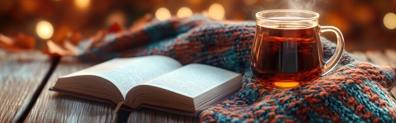 Cozy still life of hot tea and a book with a woolen plaid on a wooden surface featuring a 3D rendering of a seasonal relaxation concept for autumn and winter weekends