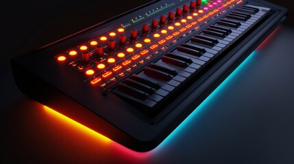 Mixing console with illuminated controls and smooth surface with clean background