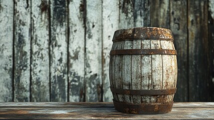 Obraz premium 3D rendering of a barrel on a weathered wooden table background