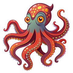 Cartoon Octopus with Red Tentacles and Yellow Spots