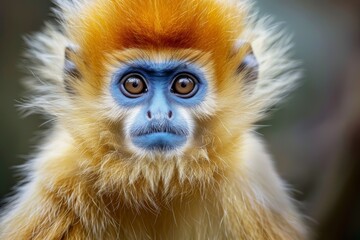 Obraz premium a Golden snub-nosed monkey, its blue face framed by thick, fluffy golden fur