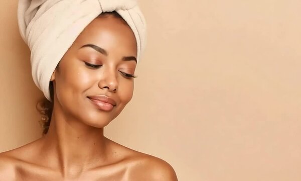 Serene Beauty with Flawless Skin and Turban Towel on mocha Background