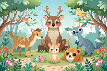 Woodland cartoon Animals watercolor illustration template. Pre made frame for baby shower, birthday invitation kids baby deer, fox in the forest. Cute bear, rabbit and birds

