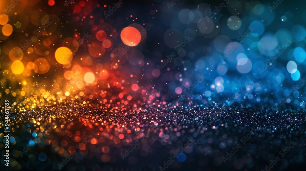 Poster multihued particles glowing against a dark background