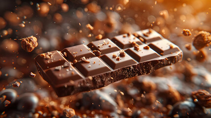 Chocolate Bar with Nuts Flying Through Air - 3D Illustration