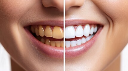 Before and after teeth whitening comparison, close-up of two side-by-side smiles, one with yellowish teeth, the other bright white, high detail, clean background, vibrant colors