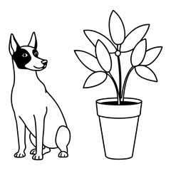 Vector Illustration German Pinscher Dogs & Potted Plant Art