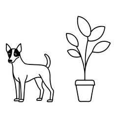 Vector Illustration German Pinscher Dogs & Potted Plant Art