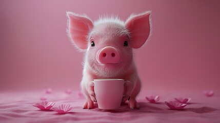 A cute pink piglet sits on a pink background holding a pink cup. There are pink flowers around it.