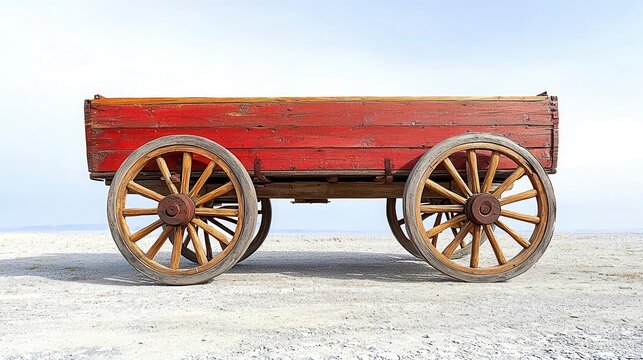 A weathered red wagon with wooden wheels sits on a gravel surface