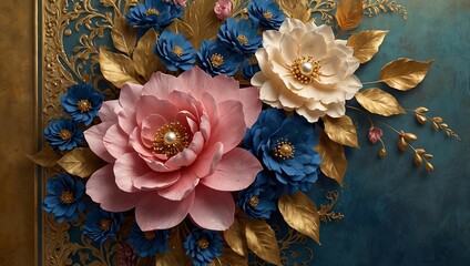 A beautifully detailed digital artwork showcasing a lavish floral arrangement with vibrant pink and blue flowers set against a textured gold backdrop
