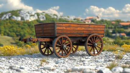 Obraz premium A rustic wooden wagon with spoked wheels sits on a gravel path