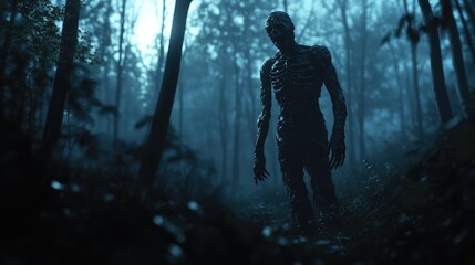 Naklejka premium A lifeless zombie figure in a dark, quiet forest, barely illuminated by the moonlight.