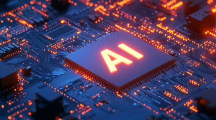 A chip with " AI " text, Glowing, Isometric Design, 3D Rendering