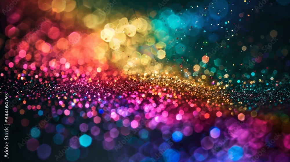 Poster radiant particles of various colors spreading across the frame