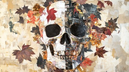 A Collage of a Skull with Autumn Leaves