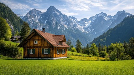 Obraz premium A serene alpine scenery with a traditional Bavarian wooden chalet, surrounded by lush green meadows and towering mountain peaks, capturing the peaceful essence of rural Bavaria