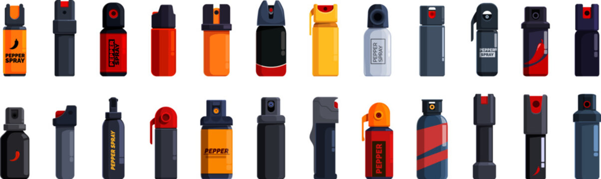 Pepper spray icons set. Collection of pepper sprays, providing a sense of security and protection