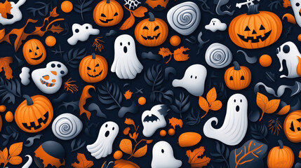 Obraz premium Seamless Halloween pattern with pumpkins, ghosts, spiders, bats, and leaves. Dark background with bright orange and white illustrated elements.
