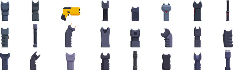 Electric shocker icons set. Set of electroshock gun icons showing different types of taser guns, perfect for illustrating self defense