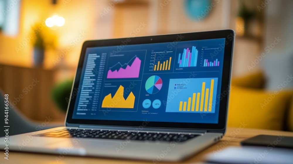 Aufkleber Laptop displaying colorful charts and graphs in a home office environment. Remote business analytics concept.
