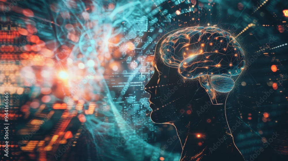 Fototapete Silhouette of a human head with a glowing brain and dynamic light patterns swirling around it, set against a high-tech, abstract backdrop