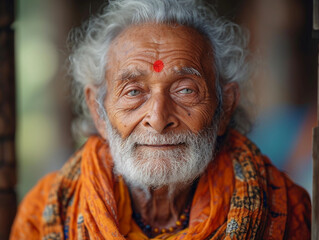 portrait of a handsome elderly man with white hair beard and bindi