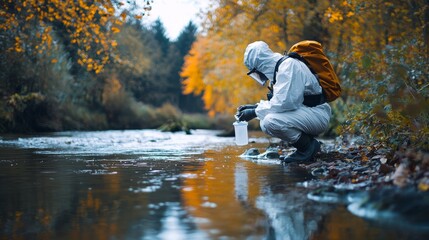 Fototapeta premium Environmental Scientist Testing Water Samples River Protective Gear Collecting Levels Toxic Waste Acidity Harmful Chemicals