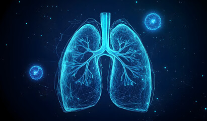 An abstract blue human lung surrounded by a neon sphere shield. Health care protection medical concept. Futuristic low poly style. Geometric background. Wireframe light connections.