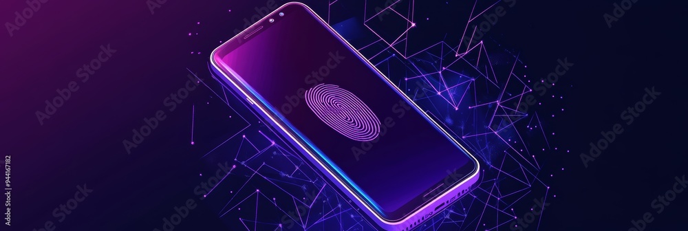 Poster futuristic smartphone with a glowing fingerprint icon representing biometric security. symbolizes di