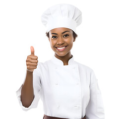 Cheerful mature Afro American cook woman posing holding a cake and smiling at camera, chef in an apron png format on transparent background Fictional Person, Generative AI