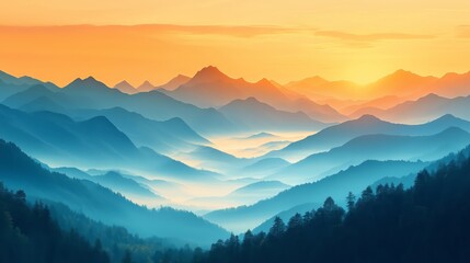 Obraz premium Uneven mountains with light mist layered together, bathed in the soft glow of sunrise, adding a warm, golden hue that gives the image a tranquil and inviting feel