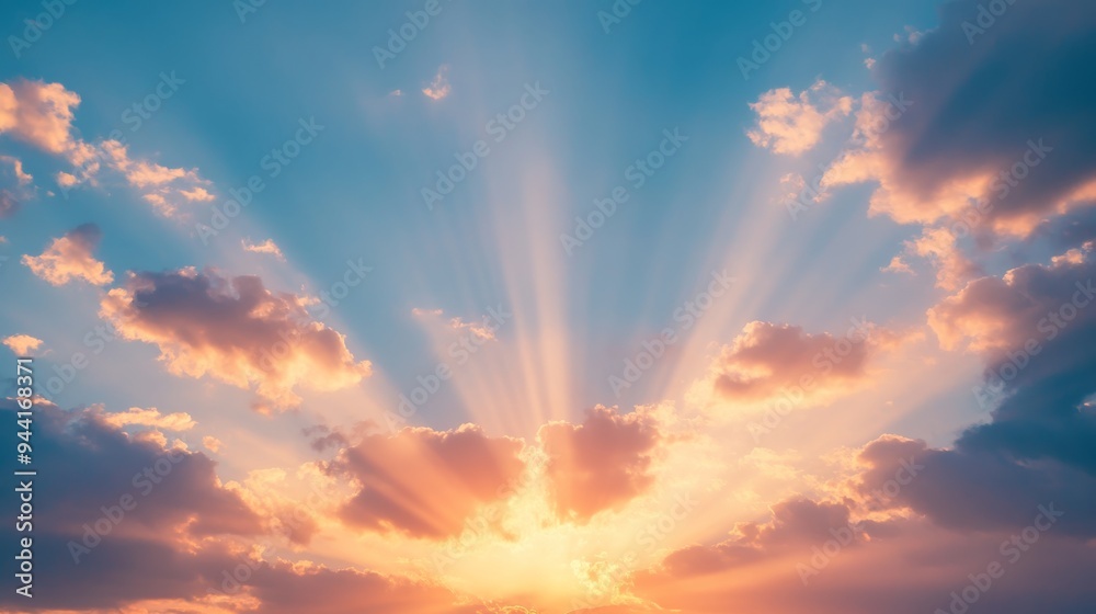 Poster sunlight bursting through scattered clouds at sunset, bathing the sky in a gradient of warm colors