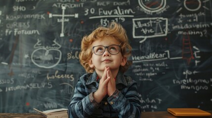 A young boy wearing glasses and a plaid shirt is praying in front of a blackboard with various drawings and numbers on it