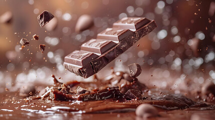 Chocolate Bar Splashing into Melted Chocolate - Photo