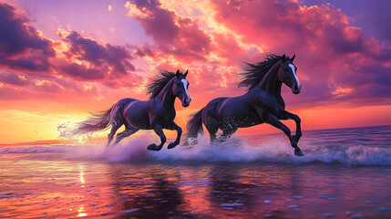 An image of three horses running in the water amidst a beautiful sky and pink clouds.