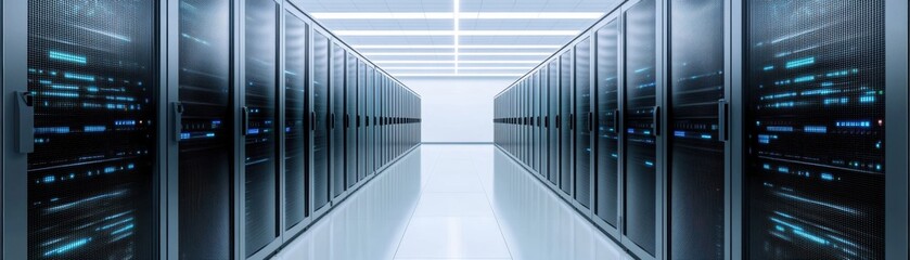 High-tech data center with illuminated racks and organized server infrastructure