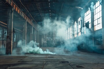 Smoke filled warehouse interior